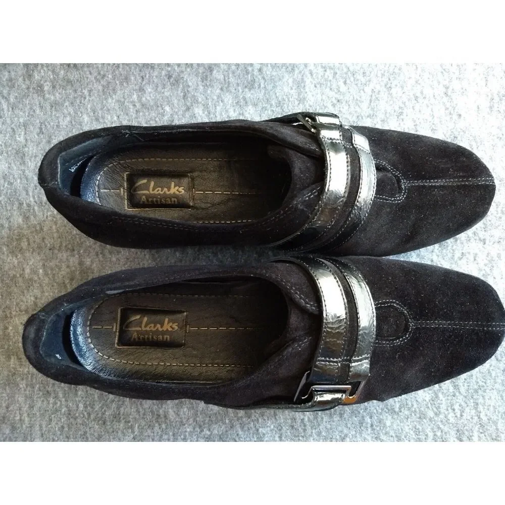 Clarks Artisan Black Suede Shoes Embrace Joy Wedge Women 9M Active Air NIB‎ NEW